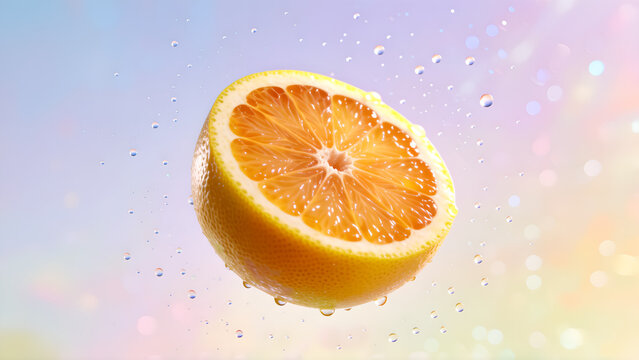 Fresh half of a juicy orange floating against a soft colorful bokeh background.