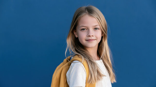 Confident schoolgirl wearing a mustard yellow backpack and white shirt against deep blue background, back to school student portrait with copy space