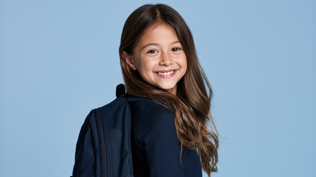 Smiling schoolgirl wearing a navy backpack and looking back at camera against blue background, cheerful student portrait representing education and back to school