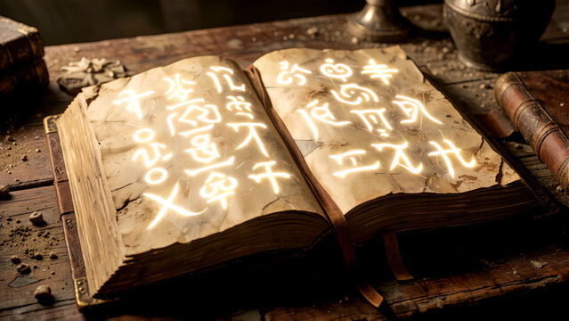 An ancient open book with glowing mystical symbols written on weathered parchment pages.