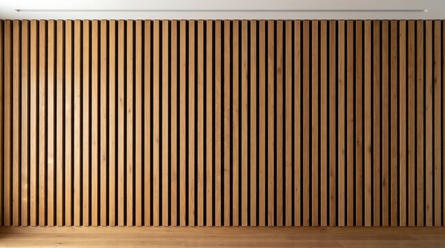 Modern interior wall design featuring vertical wooden slats with warm lighting and natural texture background