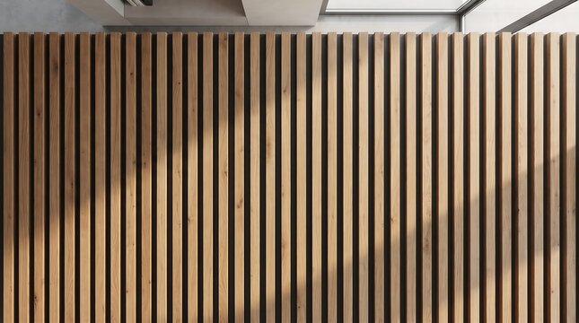 Modern interior wall featuring vertical wooden slats with natural sunlight casting shadows across the textured surface
