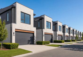 Fototapeta premium Row of modern townhouses with garages and concrete facade in a suburban neighborhood