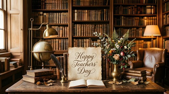 Vintage library desk with a happy fathers day sign surrounded by books and a globe in warm lighting