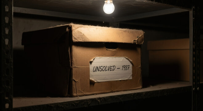 Old archive box labeled unsolved 1987 under dim lightbulb