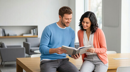 Obraz premium Couple reads book together while sitting on a table in bright indoor space. Natural light shines through large windows, creating warm atmosphere. Concept of relationship, communication, learning