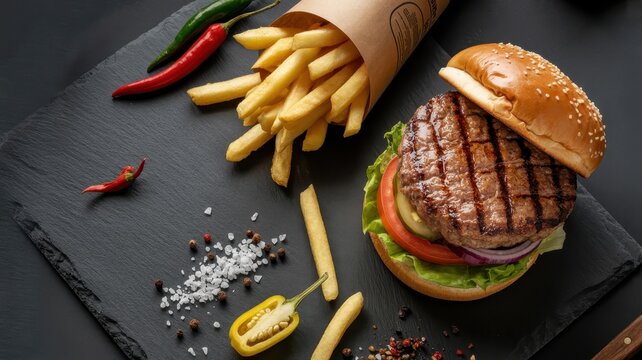 Grilled beef burger with crispy french fries and spicy chili peppers served on a dark stone board for fast food