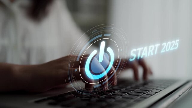 Start 2025 concept with futuristic power button symbolizing fresh beginnings, innovation, and digital transformation. Start 2025, new goals, and start 2025 initiative. Muxer