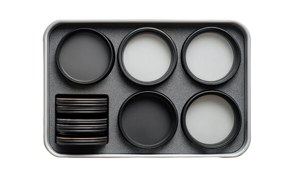 Professional drone camera ND filter set neatly arranged for exposure control in aerial filming and photography Isolated on transparent background PNG