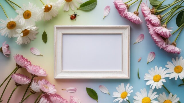 Empty white wooden picture frame surrounded by fresh pink and white daisies on a soft pastel gradient colorful background surface