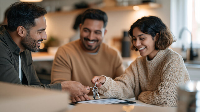 Property manager hands over a set of iron keys to a young family in a modest rented flat, the candid over shoulder moment capturing a new cultural exchange student tenant signing