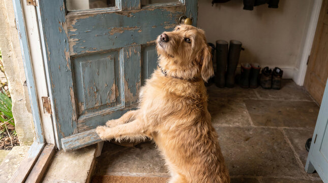 Mixed breed dog standing on hind legs and putting paws on a rustic wooden door waiting to enter