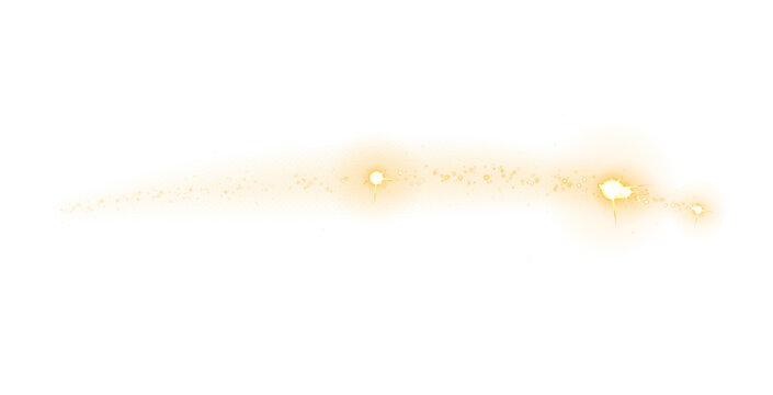 Elongated yellow comet shape with circular heads and sparkling star trail effects against a dark black background, isolated on a, transparent background