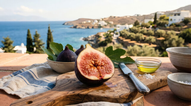 Fresh sliced ripe fig on cutting board with Mediterranean sea view