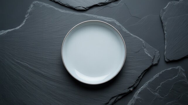 Empty white ceramic plate centered on a dark textured slate stone background for professional food photography and culinary display