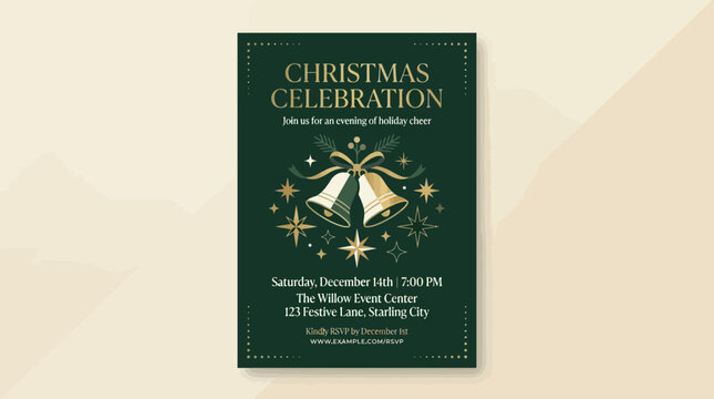Elegant Festive Holiday Party Invitation Template with Golden Bells and Stars
