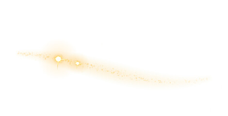Naklejka premium Stylized yellow celestial comet shape with a rounded head and a long tapering tail, featuring small white star-like sparkles on a black background, isolated on a, transparent background