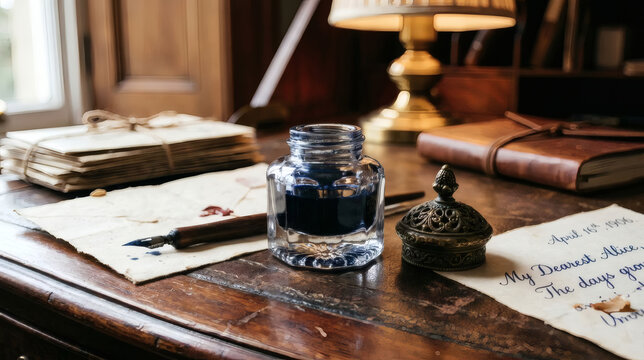 Glass inkwell bottle with blue ink and dip pen on old wooden writing desk