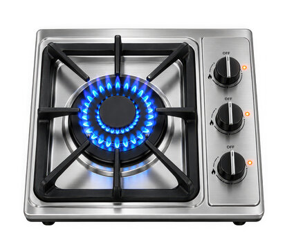 Modern stainless steel gas stove top with a single burner lit with blue flames isolated on transparent background