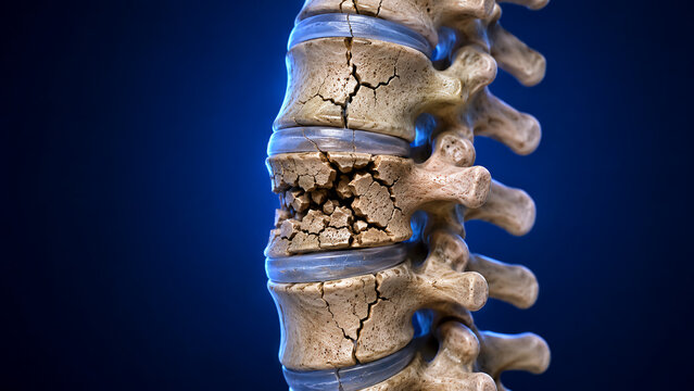 A close-up 3D medical illustration of a human spine showing a severely fractured and compressed vertebra with cracks throughout the bone.