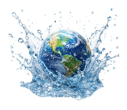 Earth globe splashing in water isolated on transparent background