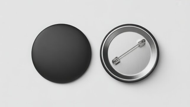 Two blank black pin buttons showing front and back side on light gray background