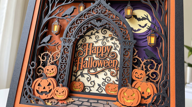 A detailed handcrafted halloween papercut shadow box featuring spooky pumpkins and a haunted gothic archway for decoration