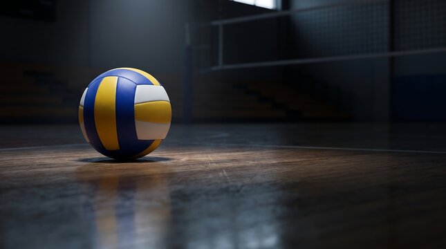 Volleyball on a dark indoor gymnasium floor