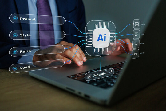 On a laptop, a person interacts with an ai model, inputting prompts that generate images, text, code, and audio
