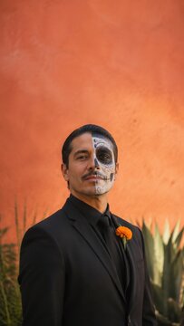 Man with half skull face paint wearing a black suit and orange flower stands against a textured orange wall, celebrating Day of the Dead in a vibrant outdoor setting