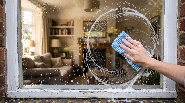 Hand Wiping Soapy Foam on Window Glass Outside View