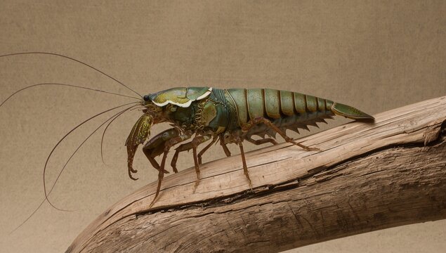 Green and brown mantis shrimp on a wooden branch with long antennae