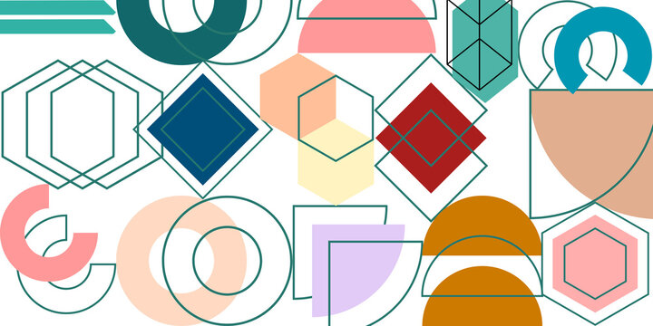Abstract Geometric Pattern with Colorful Bauhaus Shapes, Circles, and Hexagons on White Background