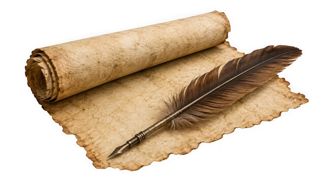 Old parchment scroll with a feather quill pen isolated on transparent background
