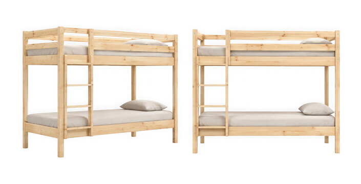 Wooden bunk bed with mattresses isolated on transparent background