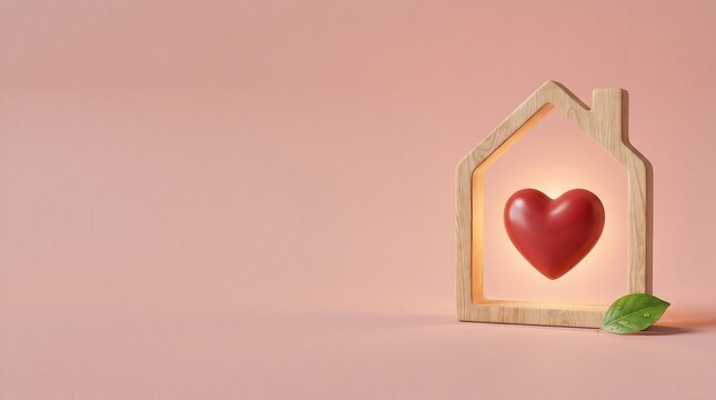 Red heart inside a wooden house frame on a pink background