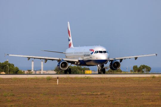 Luqa, Malta - August 6, 2026: British Airways Airbus A321-231 (REG: G-EUXC) wearing a small &lsquo;Operated by BA Euroflyer&rsquo; sticker on the nose, lining up runway 31 for take off.
