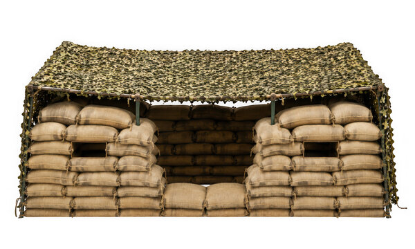 Military bunker made of sandbags with camouflage netting isolated on transparent background