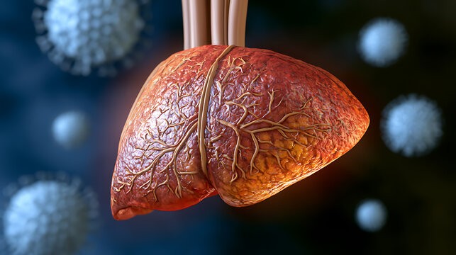 Detailed 3D render of human liver anatomy with surrounding viral elements, illustrating health concerns and medical research concepts