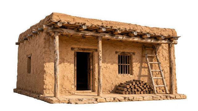 Traditional adobe house with wooden beams and a ladder isolated on transparent background