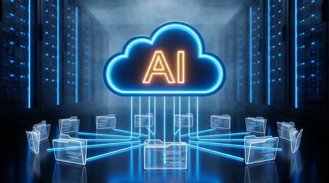 Glowing neon cloud icon with artificial intelligence text connects to multiple holographic data folders in a dark server room environment