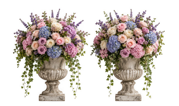 Two elegant floral arrangements in vintage stone urns with roses, hydrangeas, and lavender isolated on transparent background