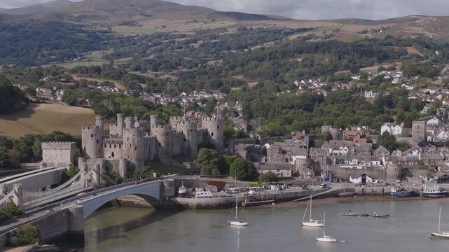 Aerial view of Conwy Castle in North Wales. Historic medieval architecture and Welsh heritage and culture