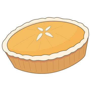 Flat style sticker illustration of a whole pumpkin pie isolated on transparent background. Classic thanksgiving seasonal dessert pastry clip art graphic icon element for holiday asset.