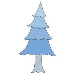 Fototapeta premium Flat style sticker illustration of a stylized blue winter pine tree isolated on transparent background. Cold seasonal evergreen fir tree clip art graphic icon element for holiday design asset.
