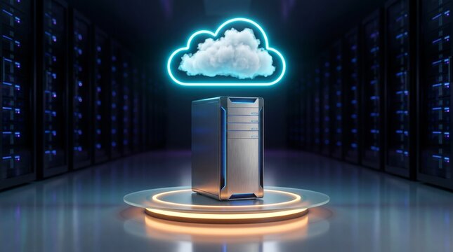 Metallic silver central server unit stands on a circular pedestal under a glowing blue neon cloud sign for modern computing