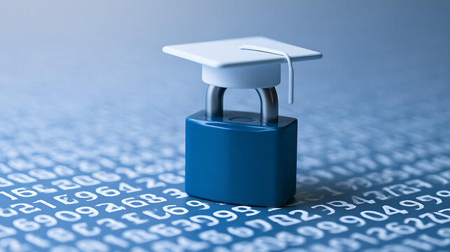 Secure Education Concept: Graduation Cap on a Padlock with Digital Numbers Illustrating Data Protection and Academic Security