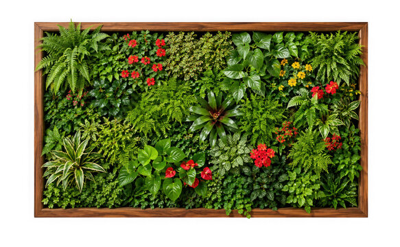 Vertical garden with various green plants and colorful flowers in a wooden frame isolated on transparent background