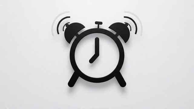 Minimalist animated black alarm clock icon ringing on white background. Flat vector style clock animation for time management and morning wake up concepts.