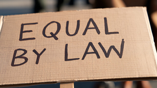 Close-up of a handmade cardboard sign with "EQUAL BY LAW" in black marker, symbolizing justice, rights, and collective action